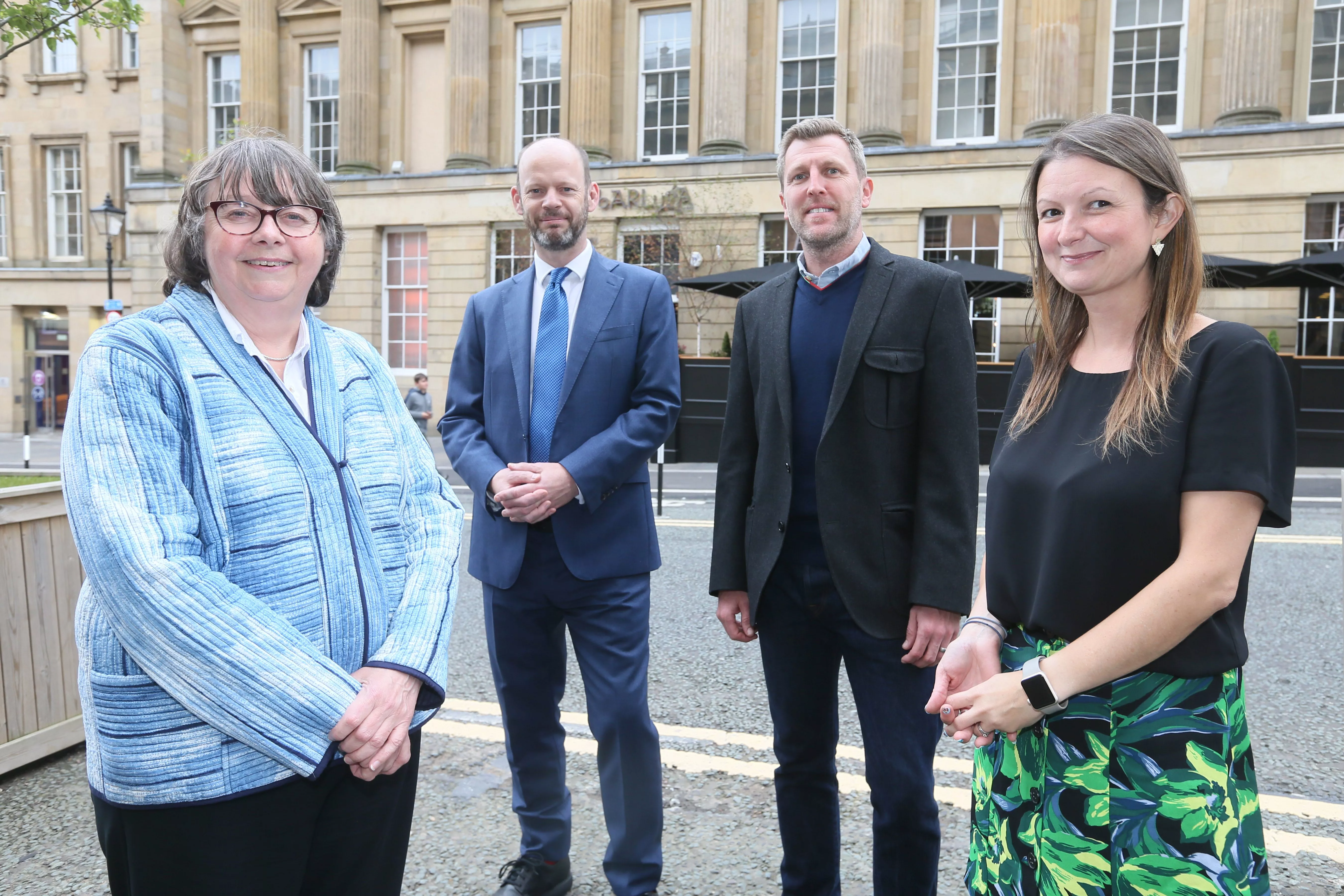 Photo of Cllr Joyce McCarty, Cabinet Member for Inclusive Economy, Newcastle City Council, Mayor Jamie Driscoll, North of Tyne Combined Authority, James Hall, Executive Director, Monstarlab UK, and Jennifer Hartley, Director of Invest Newcastle, NewcastleGateshead Initiative.